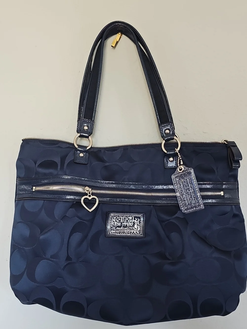 Coach Navy Signature Tote with Heart Charm and Gold Hardware